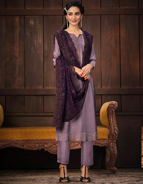 Heavy Designer Wedding Wear Georgette Salwar Suit Dull Purple Catonic Silk Gerogette Pant Straight Front View